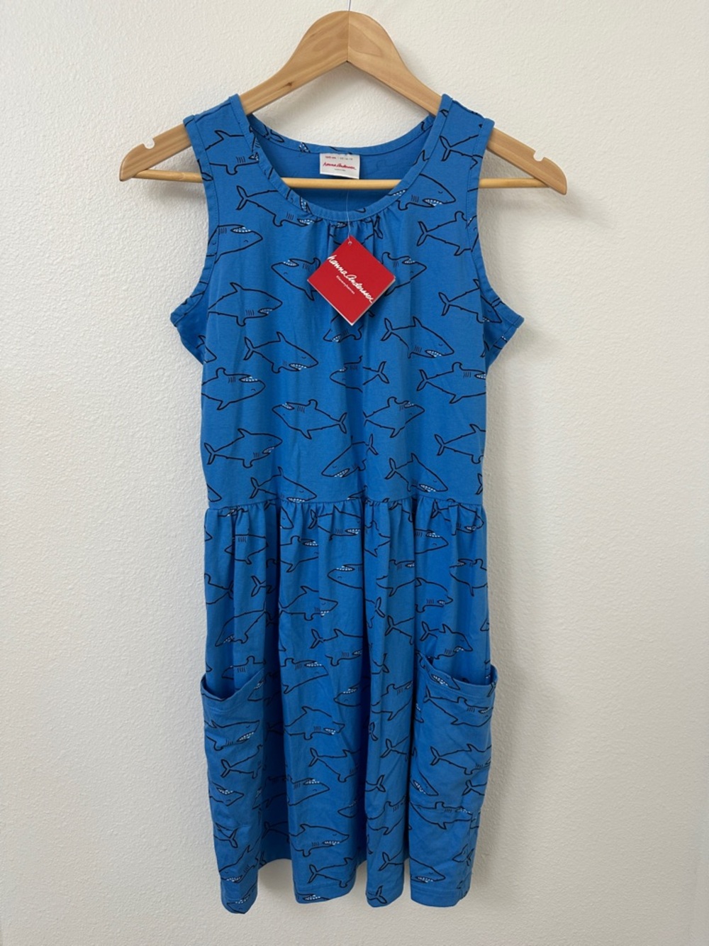 Hanna Andersson Blue Shark Sleeveless Pocket Play Dress 160 US 14-16 100% Cotton